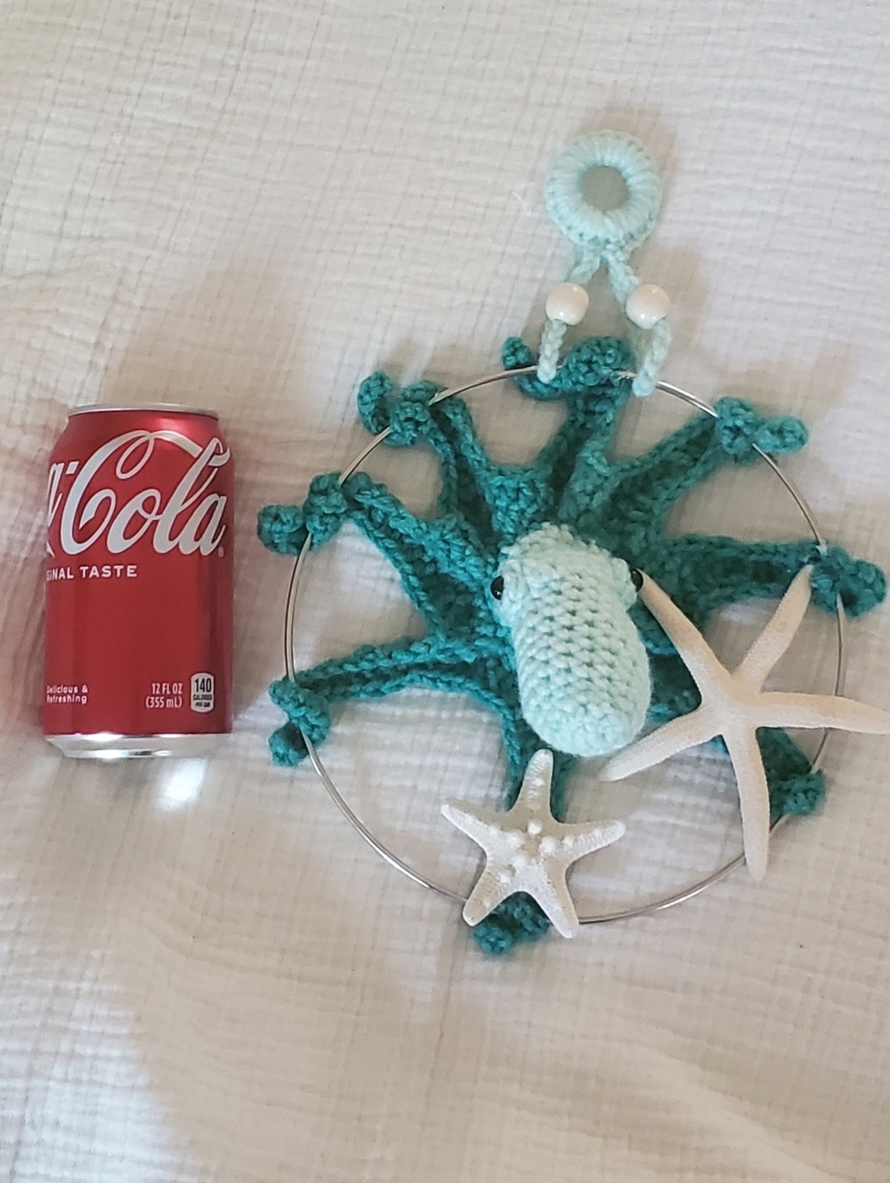 Handmade Crochet Sea Star Wall Hanging in Teal and Light Blue - Picture 11 of 11